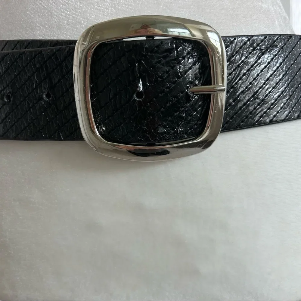 Black Wide Stretch Belt with Silver Statement Buckle Textured Faux Leather